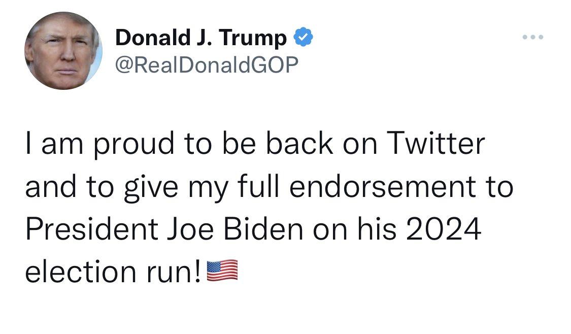 Un faux compte se faisant passer pour Donald Trump dit se réjouir "d'être de retour sur Twitter" et apporte "son soutien total à Joe Biden pour sa campagne pour l'élection de 2024". [Twitter - Capture d'écran]