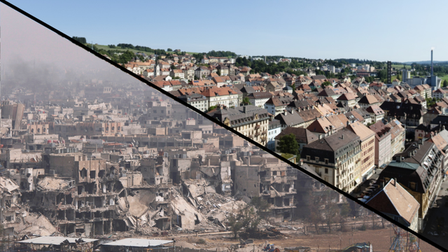 Des ruines de Damas aux rues quadrillées de La Chaux-de-Fonds. [Reuters/Kestone - Omar Sanadiki/Gaetan Bally]