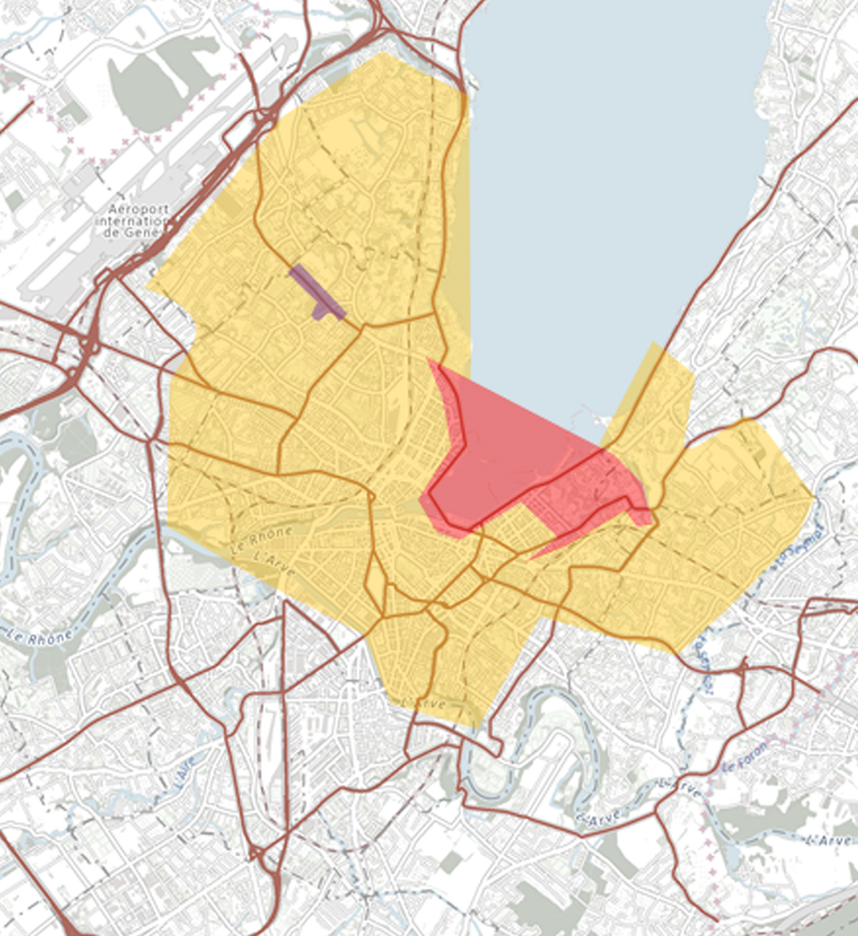 La zone (en jaune) où la circulation sera fortement perturbée le 16 juin. [Police genevoise]