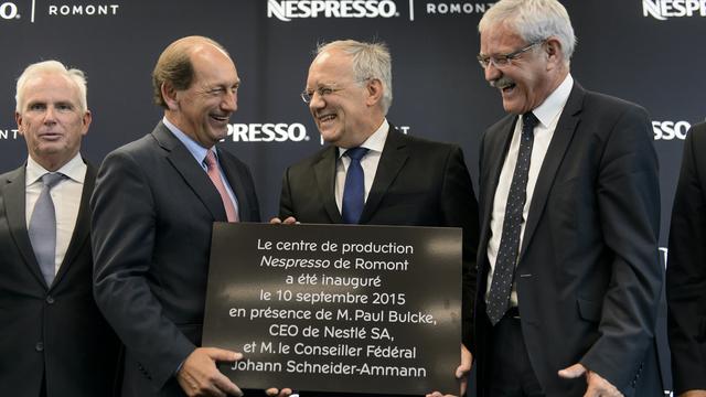 Les dirigeants de Nestlé étaient à Romont pour célébrer l'inauguration en compagnie des autorités fédérales et cantonales. [Keystone]