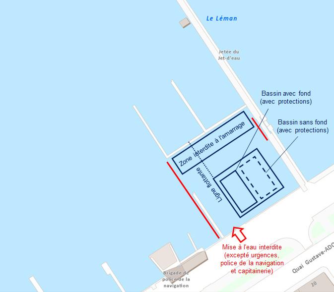 Le lieu de baignade temporaire à Genève sera installé en aval de la jetée du Jet d'eau, à deux pas du local de la Police de la navigation. [Canton de Genève]