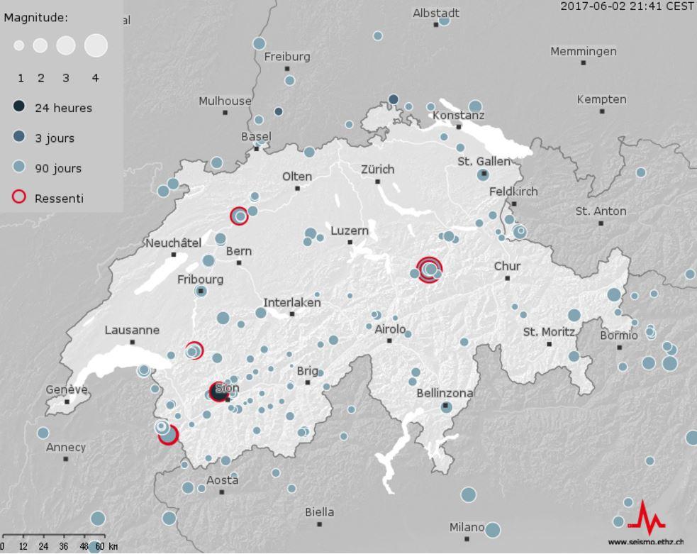 La carte des séismes des 90 derniers jours. [EPFZ - SED]