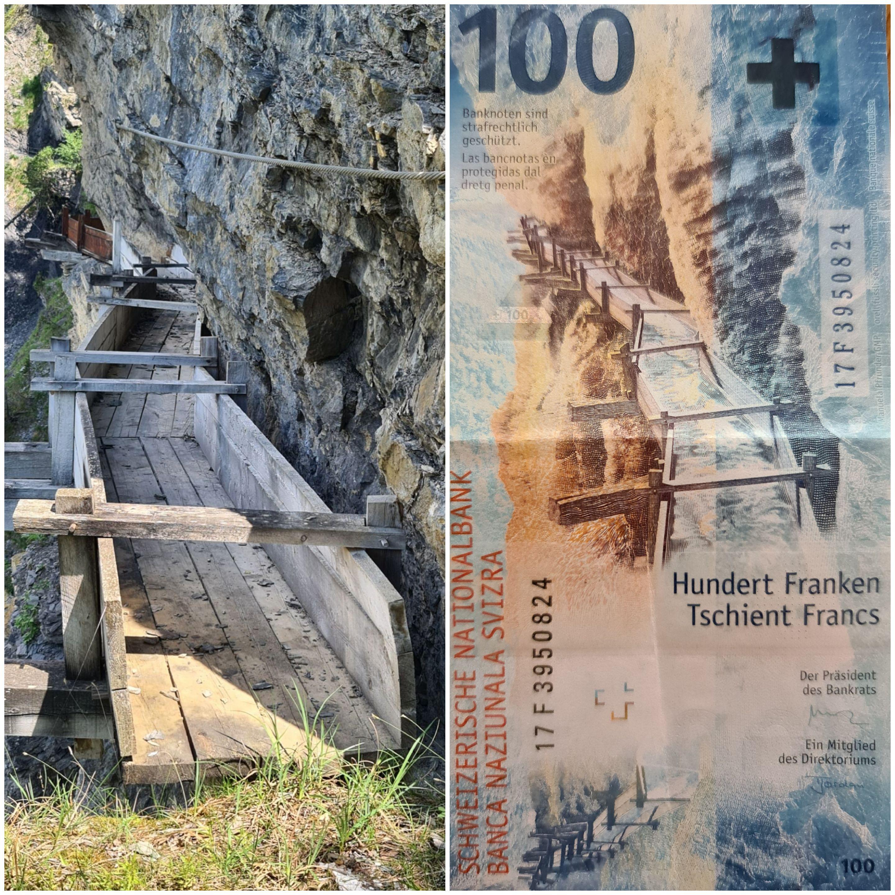 Le passage de Torrent-Croix sur le bisse d'Ayent illustre le billet de 100 francs de la Confédération depuis 2019 [RTS - Katia Bitsch]