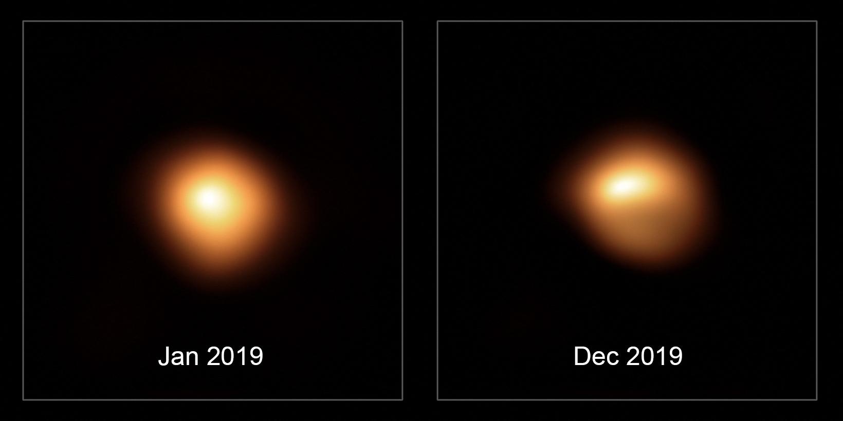 La "super géante rouge" Bételgeuse, photographiée avec une luminosité normale en janvier 2019 et diminuée en décembre 2019 (particulièrement dans sa région sud) [AFP - European Southern Observatory / AFP]