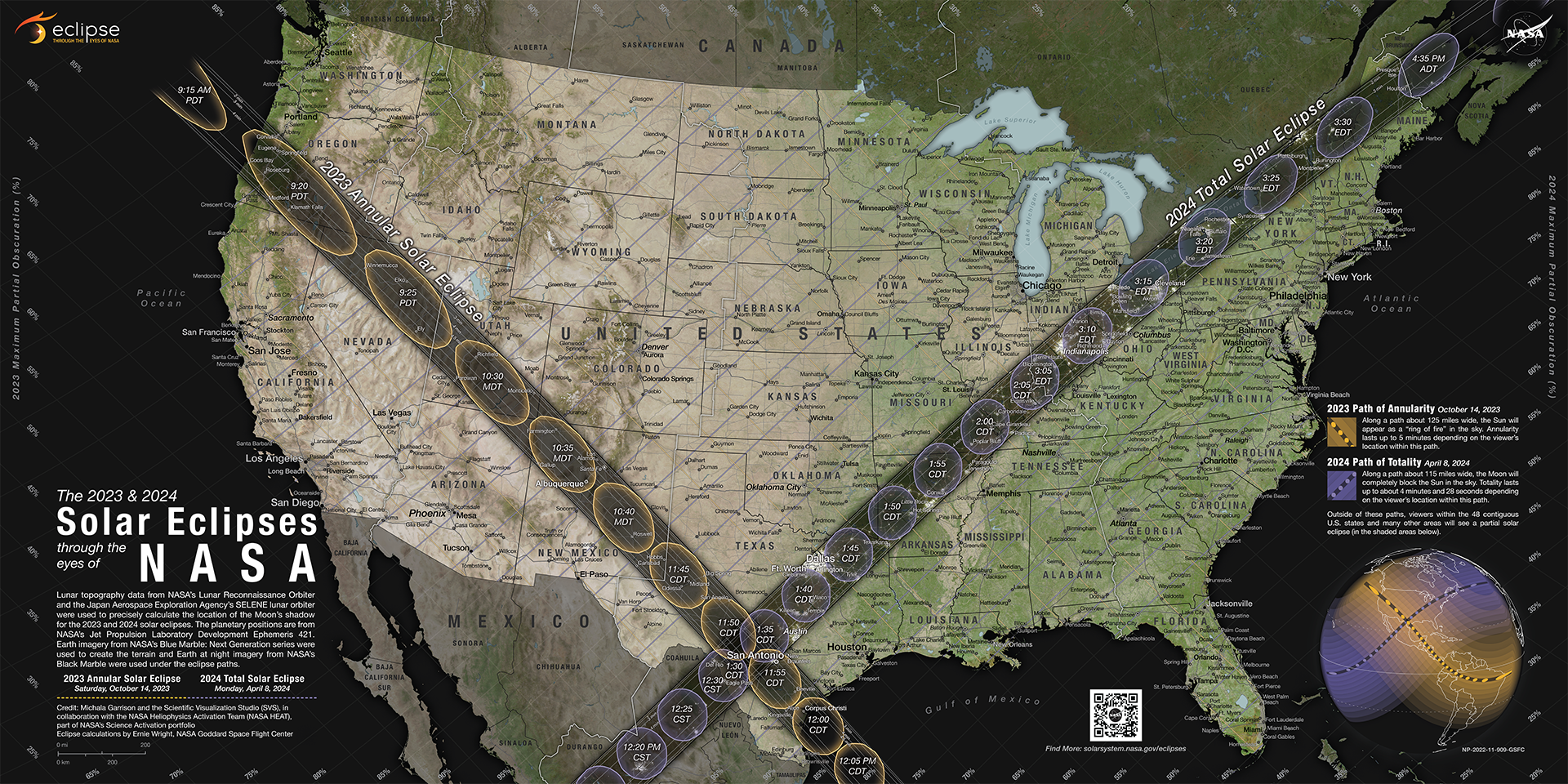 Cette carte de la Nasa montre où l'ombre de la Lune traversera les États-Unis pendant l'éclipse solaire de 2023 (gauche) et l'éclipse solaire totale de 2024 (droite). [NASA/Scientific Visualization Studio/Michala Garrison]