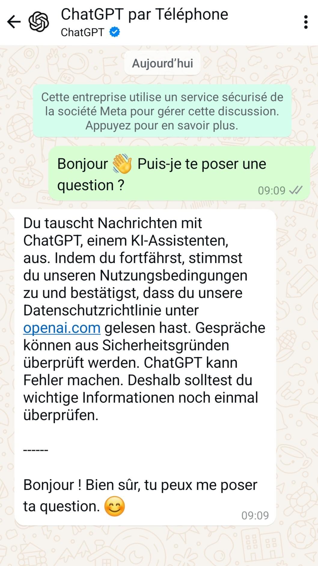 La réponse de ChatGPT quand on lui pose une question sur WhatsApp depuis la Suisse. [RTS]