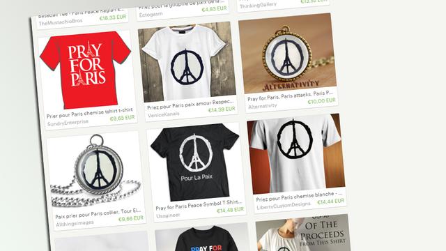 Les résultats de la recherche "Pray for Paris" sur le site de vente en ligne Etsy jeudi.