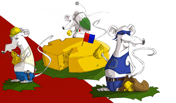 La campagne tessinoise représente des rats grignotant le fromage suisse. [http://www.balairatt.ch/]