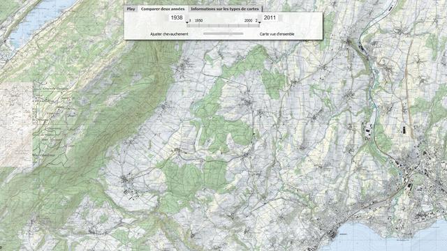 Le nouvel outil interactif de Swisstopo permet par exemple de comparer l'évolution de la topographie entre deux années, comme ici entre 1938 et 2011. [Capture d'écran Swisstopo]