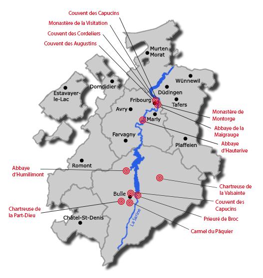 Carte des abbayes et monastères fribourgeois [Fondation suisse pour la protection et l'aménagement des paysages]