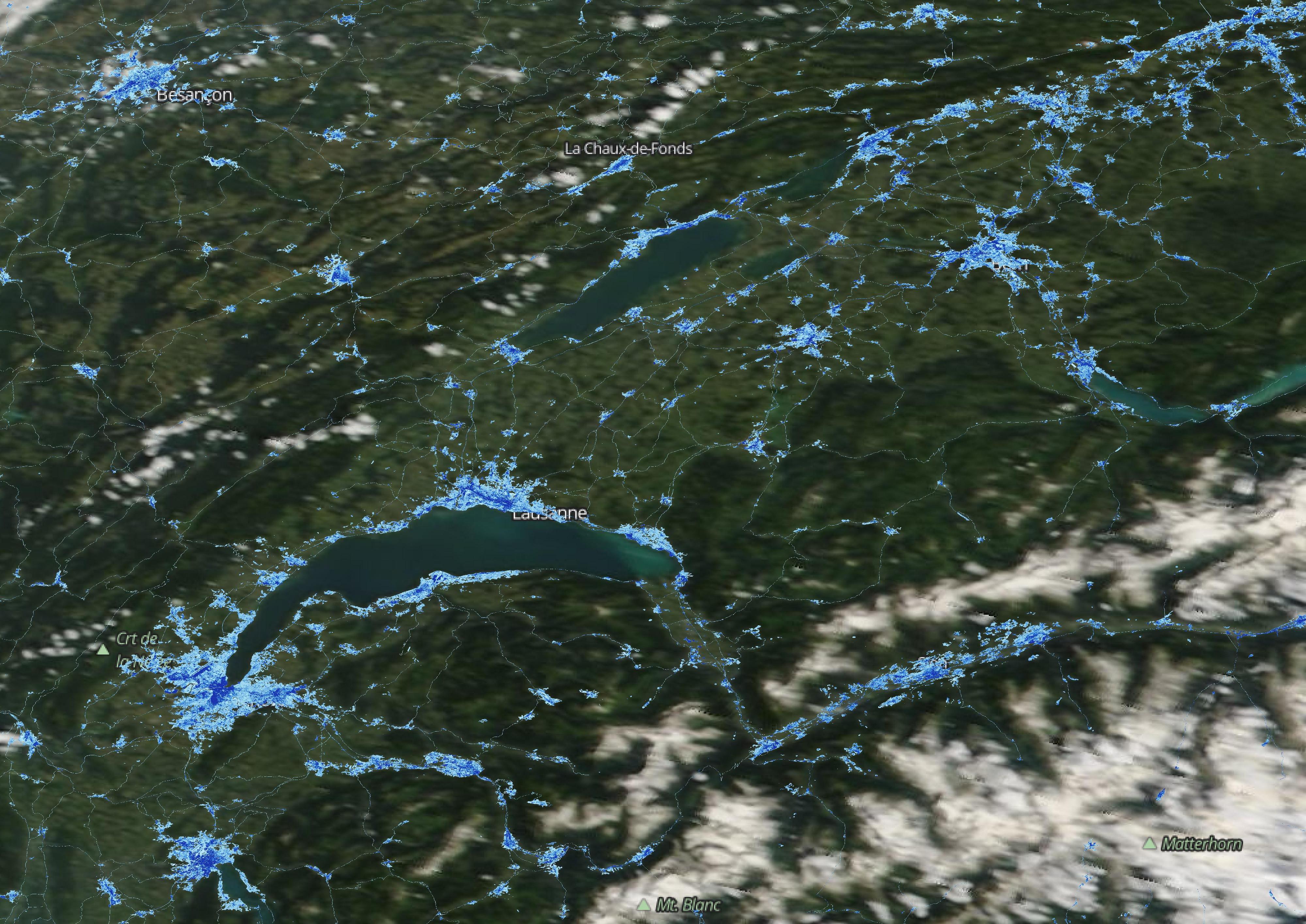 Les zones imperméables en Suisse romande (l'intensité du bleu désigne le pourcentage de surface imperméable)
