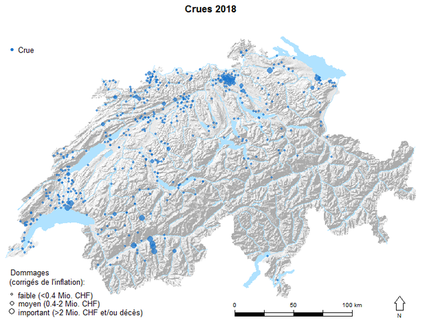 Dommages causés par les crues en 2018, en millions [WSL - Institut fédéral de recherches sur la forêt, la neige et le paysage]