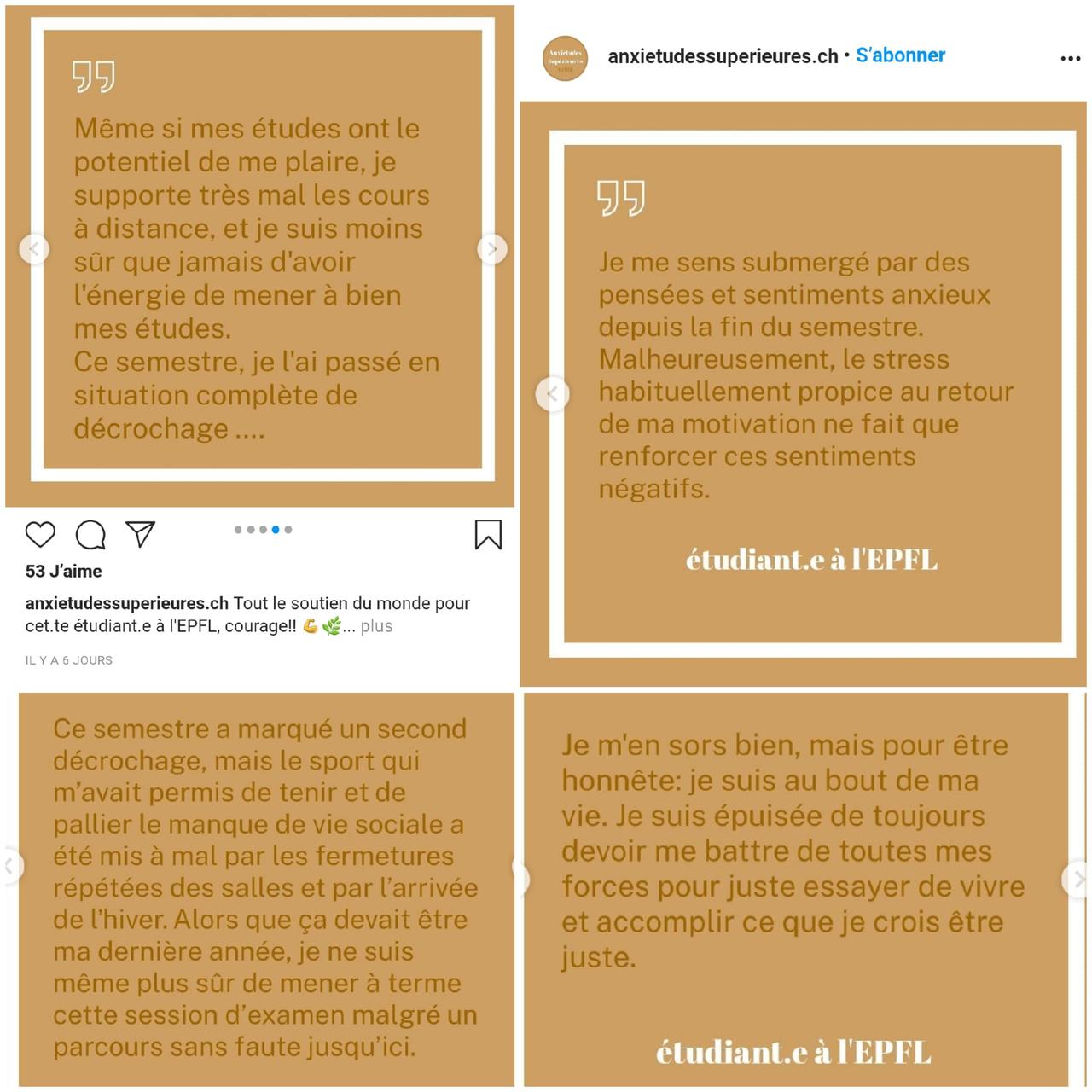 Témoignages d'étudiants sur la page instagram anxieetudessuperieurs.ch [RTS - Katia BITSCH]