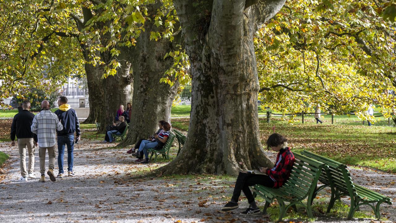 Des personnes se baladent le long des arbres au Jardin botanique de Genève. [KEYSTONE - MARTIAL TREZZINI]