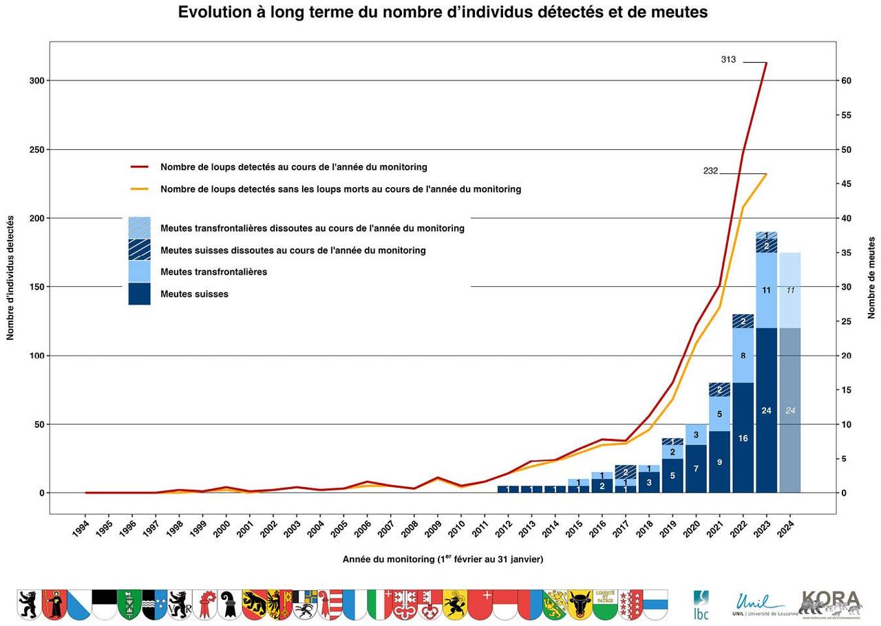 Évolution à long terme du nombre de loups détectés et de meutes, 1994-2024 [KORA/UNIL]