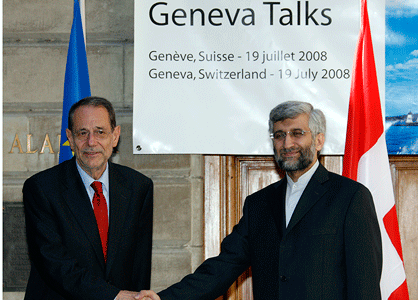 Javier Solana et le négociateur iranien Saïd Jalili à Genève.