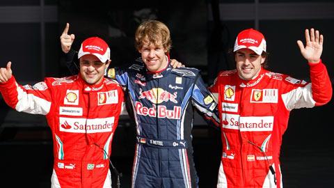 Sabastian Vettel, entouré de Massa et Alonso, fête sa première pole.