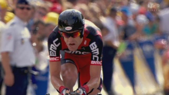Cyclisme / Tour de France (20e ét. contre-la-montre à Grenoble, 42,5 km): l'arrivée de Cadel Evans. L'Australien prend le maillot jaune en terminant 2e de l'étape