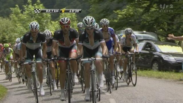 Cyclisme/Tour de France (14e étape-Les Pyrénées) Fabian Cancellara travaille pour les deux leaders de Leopard Trek Frank et Andy Schleck dans le col d'Agnes.