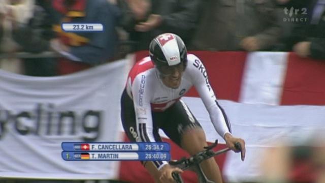 Cyclisme / Championnats du Monde Copenhague: contre-la-montre. Tony Martin (ALL) et Fabian Cancellara (SUI) au 1er temps intermédiaire