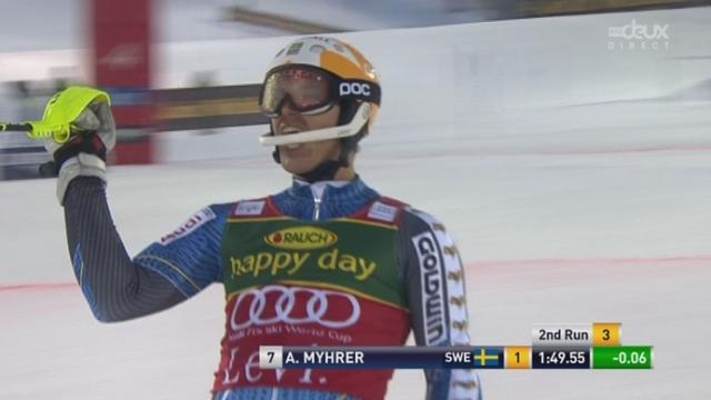 Slalom Hommes. 2e manche: le suédois Myhrer André confirme sa première place sur le podium dans la seconde manche.