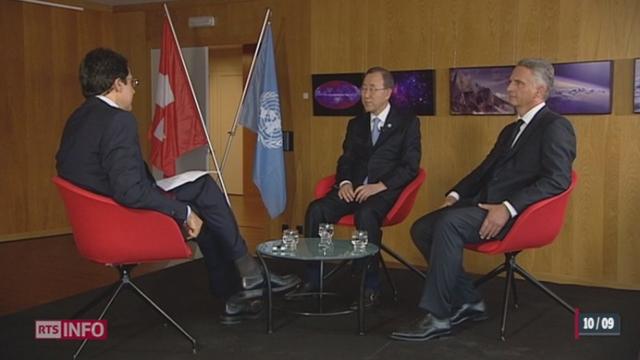 10 ans depuis l'entrée de la Suisse à l'ONU: interview de Ban Ki-moon, secrétaire général de l'ONU en compagnie de Didier Burkhalter, Conseiller fédéral