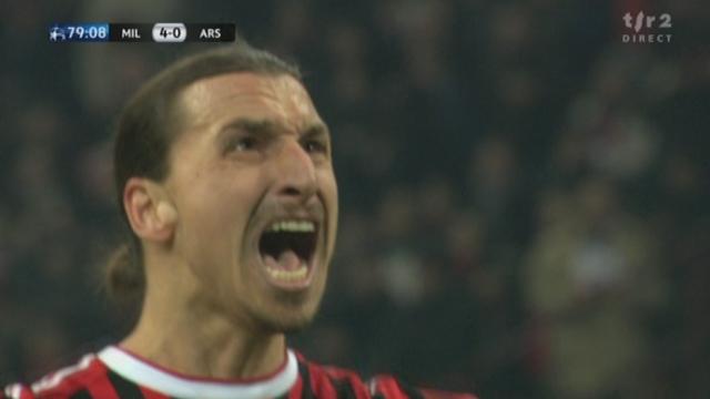 Football / Ligue des Champions (1/8 de finale, aller): Milan AC - Arsenal. 79e minute: penalty pour faute de Djourou sur Ibrahimovic (jugez vous-même). Ibra transforme lui-même (4-0)