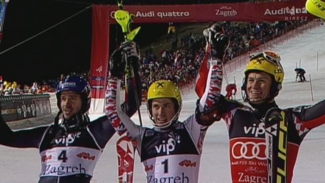 Ski alpin / slalom nocturne de Zagreb: les 4 premiers de la manche initiale en décousent pour la victoire. Hirscher (AUT) reste 1er, Neureuther (ALL) passe de la 4e à la 2e place, Kostelic (CRO) est 3e
