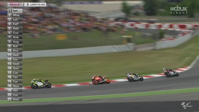 Moto2. A 3 tours de la fin, ça va trop loin. Espargaro en paie le prix. Chute terrible. Puis Thomas Lüthi prend la tête.