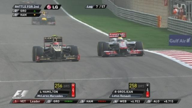 7e tour: Romain Grosjean dépasse Lewis Hamilton et se place en 2e position derrière Vettel!