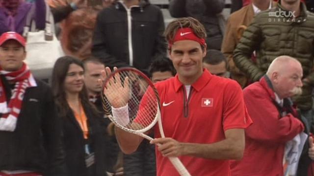 Amsterdam. Barrage groupe mondial. Pays-Bas - Suisse. Thiemo De Bakker (PB) - Roger Federer (SUI). 3e manche: à 5-4, Federer sert pour le gain du 1er simple