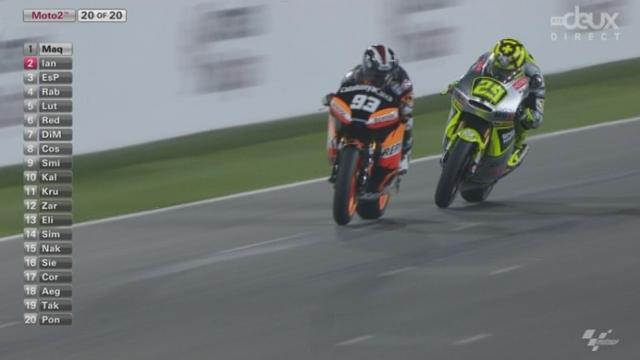 Moto 2: En tête au moment d'aborder le dernier tour, Thomas Lüthi est tassé par Marc Marquez. Le Suisse tire tout droit et doit se contenter du 5e rang. Victoire pour l'Espagnol.