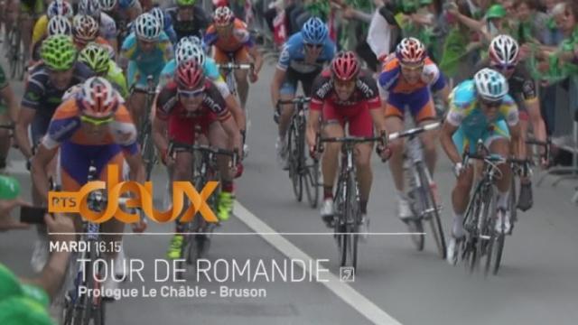 Bande de lancement de "Cyclisme: Prologue Le Châble-Bruson, Tour de Romandie" du mardi 23 avril à 15:35 sur RTS Deux
