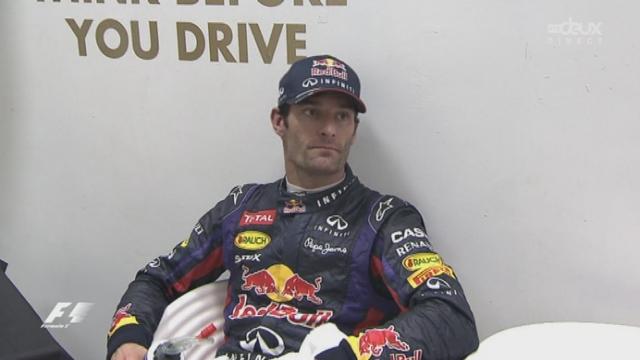 Sebastian Vettel (ALL) et Mark Webber (AUS) se retrouve avant la cérémonie protocolaire. C’est le froid entre eux.