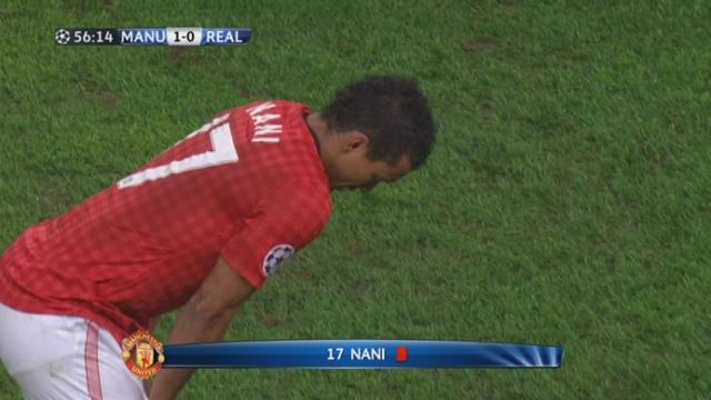 1/8 retour Man. United – Real Madrid. 57e minute: très présent jusque là, Nani (ManU) est expulsé  pour une faute sur Arbeloa