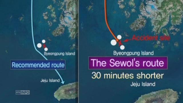La trajectoire empruntée par le ferry sud-coréens