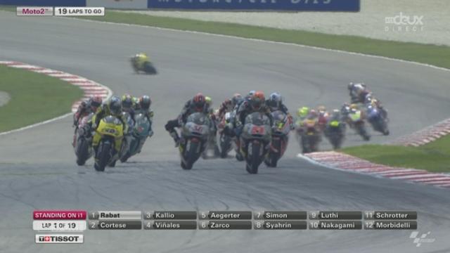 Moto 2: en terminant 3e derrière Viñales (ESP) et Kallio (FIN), Esteve Rabat (ESP) deviant champion du monde. Aegerter est 5e