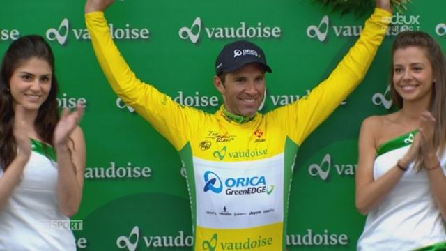 2e étape Sion-Montreux: les podiums Albasini pour l'étape et le maillot jaune - Tschopp maillot rose - Kwiatkowski maillot blanc - Kohler maillot vert