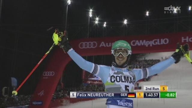Slalom messieurs, 2e manche: Felix Neureuther (ALL) s’impose à Madonna di Campiglio, devant Dopfer (ALL) et Byggmark (SUE)