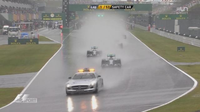 Départ avec la safety car et sous des trombes d'eau les pilotes redoublent de prudence