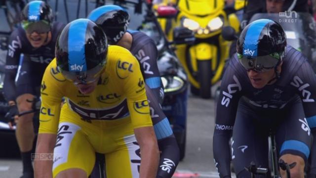 9e étape (Vannes – Plumelec, 28 km): Sky, l’équipe du maillot jaune Chris Froome en termine. Elle est battue de 62 centièmes. Le Britannique conserve son maillot jaune