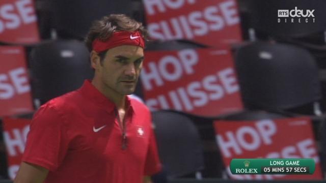 Barrage à Genève. Suisse – Pays-Bas (2-1). 3e simple: Roger Federer – Thiemo De Bakker (6-3 2-1). Le Suisse fait le break après une farouche résistance du Néerlandais