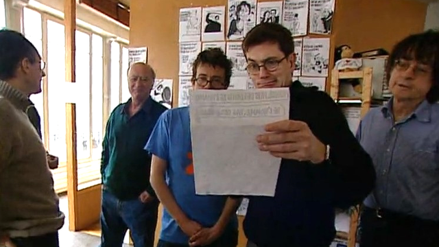 Wolinski, Luz, Tignous, Cabu dans la rédaction de Charlie Hebdo en 2005. [RTS]
