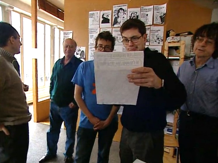 Wolinski, Luz, Tignous, Cabu dans la rédaction de Charlie Hebdo en 2005. [RTS]