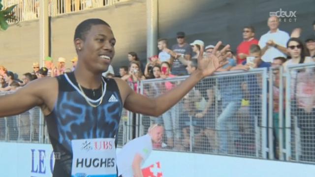 Hugues (GBR) réalise sa meilleure performance personnelle et remporte le 200m hommes devant Jobodwana (RSA) et Young (USA)
