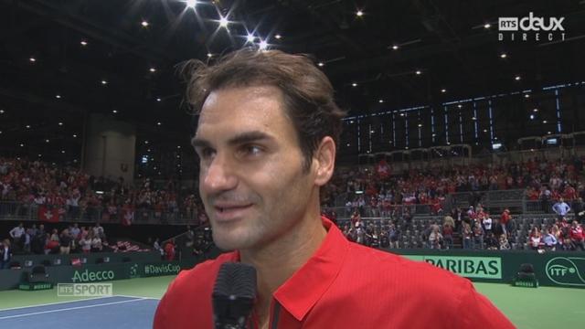 Barrage à Genève. Suisse - Pays-Bas (2-0 après la 1re journée). Roger Federer à l’interview