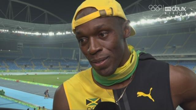 Athlétisme, finale 100m messieurs. Usain Bolt (JAM) à l’heure de l’interview