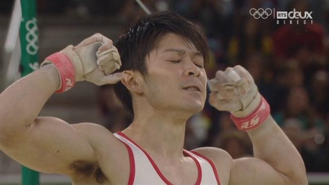 Gym. Concours général. Finale. Kohei Uchimura (JAP) à son dernier engin (barre fixe)