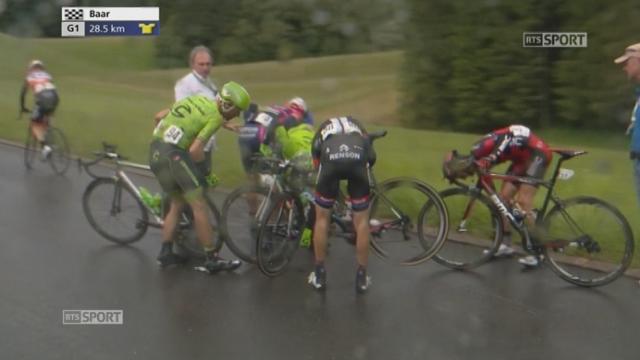 2e étape (Baar – Baar, 187,6 km): nouvelle chute sur la chaussées détrempée à 28,5 km de l’arrivée. Parmi les victimes, Talansky (USA), l’un des favoris du Tour