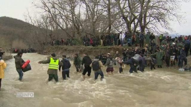 Des migrants et réfugiés tentent de passer en Macédoine en traversant une rivière